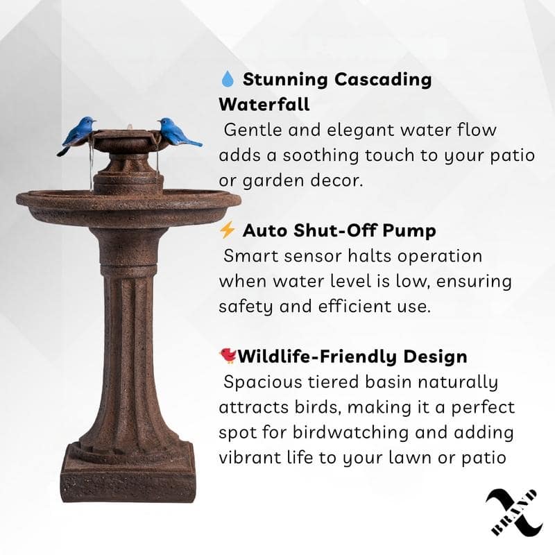 Classic 1-tier bird bath water fountain in brown resin - ideal for outdoor gardens and patios.