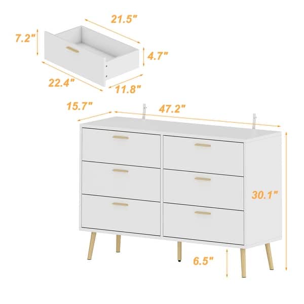 dimension image slide 0 of 2, Modern 6-Drawer Dresser with Gold Legs and Handles, 47.2" Wide Mid-Century Bedroom Dresser Chest