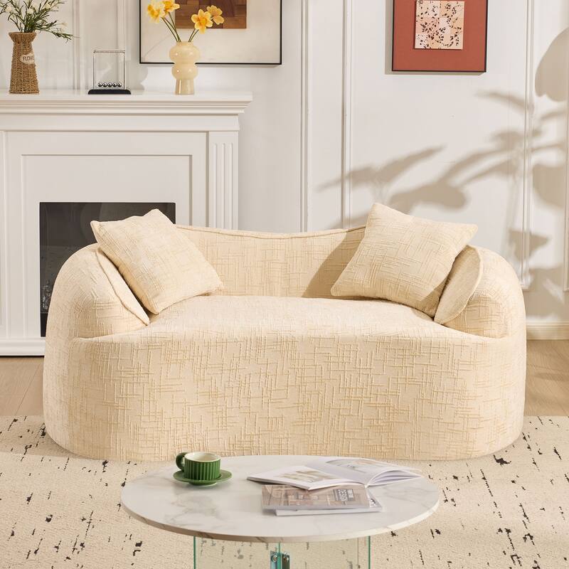 Curved 2 person compress sofa. It has armrests on both sides, comes with two pillows,is suitable for small - sized apartments