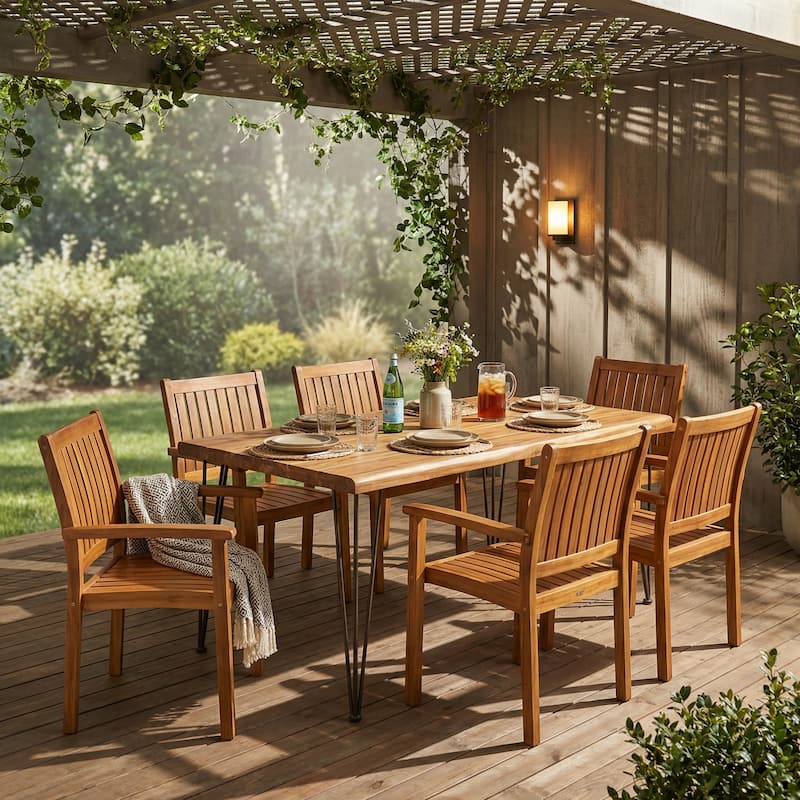 Christopher Knight Home - Rustic Solid Acacia Wood 7-Piece Outdoor Dining Set with 72" Rectangular Table and Slatted Chairs - Teak