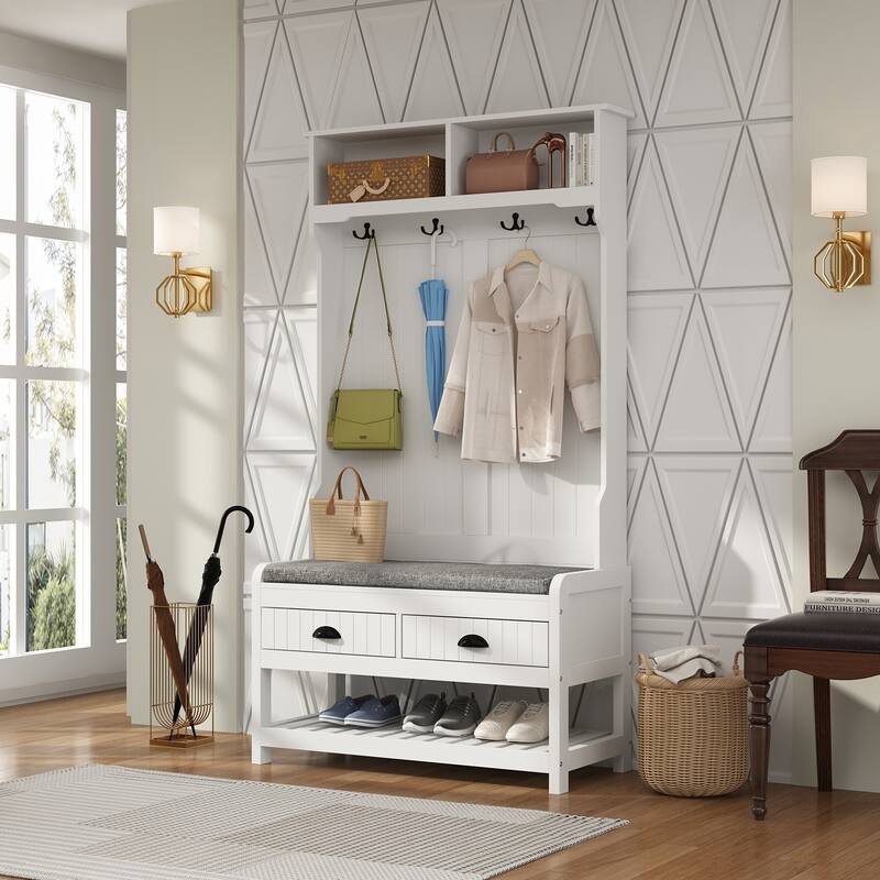 Timechee 34.3'' Wide Hall Tree with Bench and Shoe Storage - White