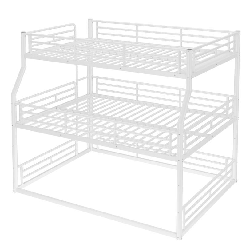 Full XL over Queen over Queen Bunk Bed, Metal Triple Bunk Bed with Safety Guardrails, Bunk Bed with Noise-reduced Design