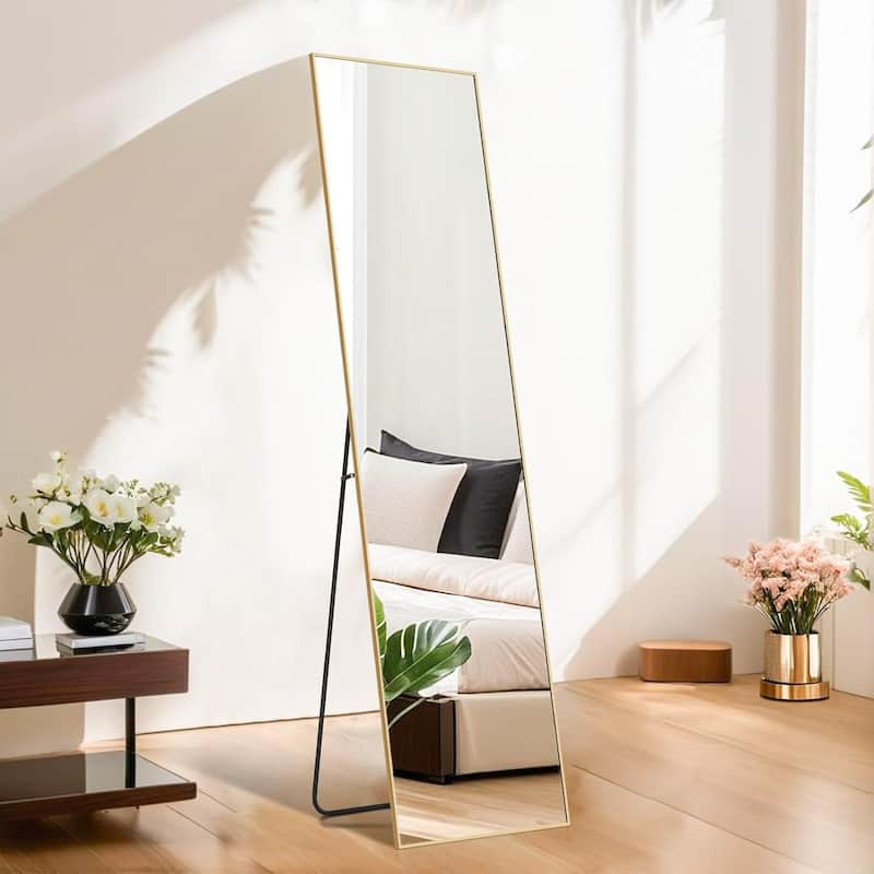 Modern Freestanding Full Length Floor Mirror, 16"x59" Body Wall Mirror, Tall Mirror with Stand Aluminum Alloy Frame - Gold-rectangular