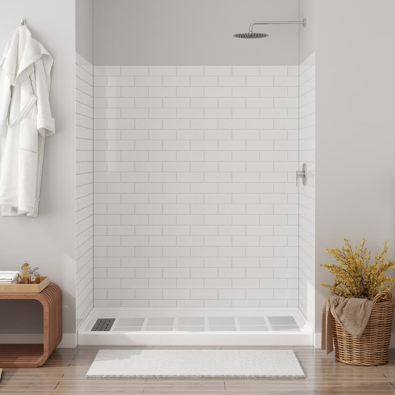 60 in. L x 36 in. W x 75 in. H Three-Piece Glue Up Alcove Shower Wall Surround in White - 60 x 75 - White-Big Brick Lattice
