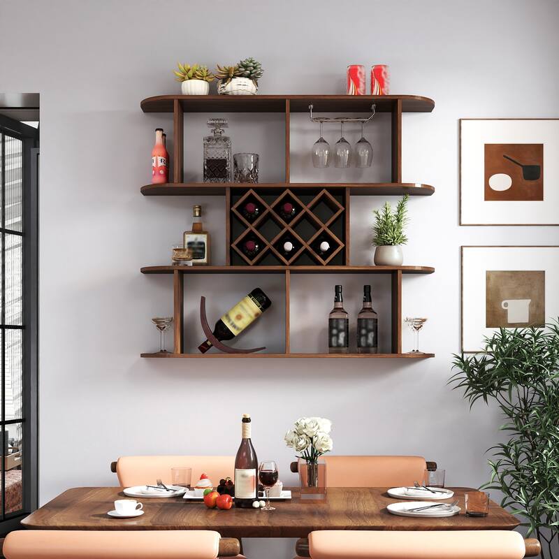 Large 3-Tier Rustic Wall-Mounted Wine Bottle Rack，Multifunctional Wooden Wine Storage Rack with Glass Holders