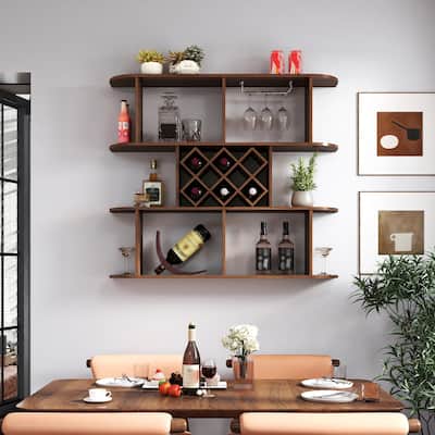 Large Wall Mounted 3 Tier,Rustic Bottle Wine Rack,Multifunctional Wooden Wall Mounted Wine Rack,Storage Rack with Glass Holder
