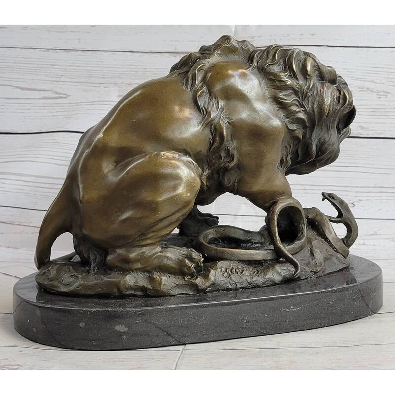 Lion Vs. Imitative Snake Bronze Sculpture Animal Sculpture A. Barye Figurine On Marble Base