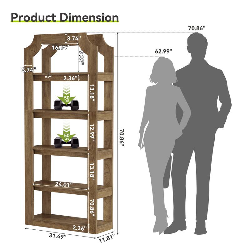 Tall 5 Shelf Bookcase, Storage And Display Bookshelf For Home Office And Living Room
