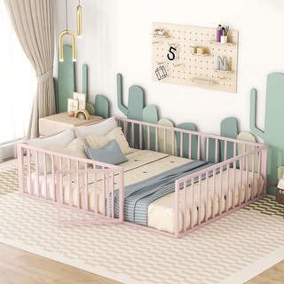 Pink Queen Size Metal Floor Bed Frame with Fence and Door for Kids, Boys and Girls, Bedroom
