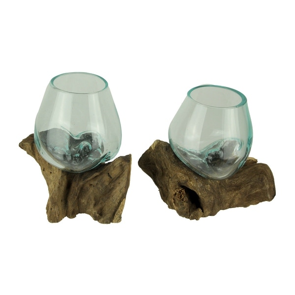 Molten Glass On Teak Driftwood Decorative Bowl Vase Terrarium Planter Set of 2. Opens flyout.