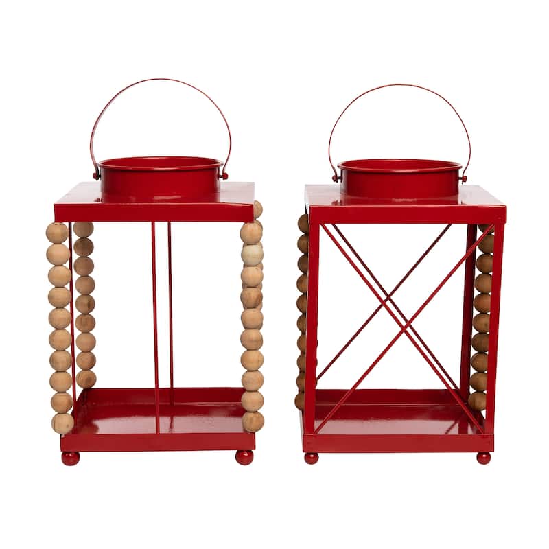 Transpac Metal Red Beaded Lantern Set of 2 Christmas Home Decorations