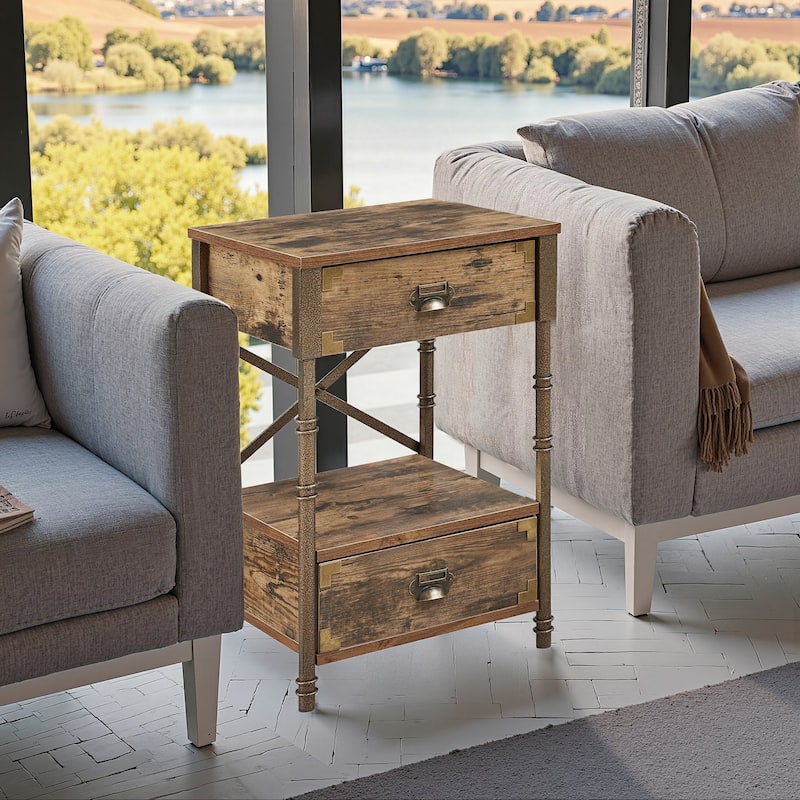 VECELO Vintage End Table with X-Back Bronze Frame 15.7" LW Antique Brown Double Drawer Nightstand for Bedroom Living Room