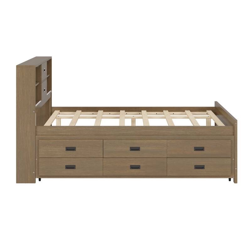 Full/Twin Size Captain Bed with Storage Bookcase Headboard,Captain bed with Trundle and Three Storage Drawer