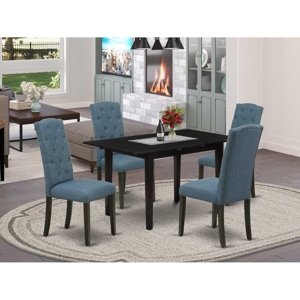 HomeStock 5-Pc Black Solid Wood Top - Rectangular Button Tufted Upholstered Dining Room Set with Butterfly Leaf - Seats 4