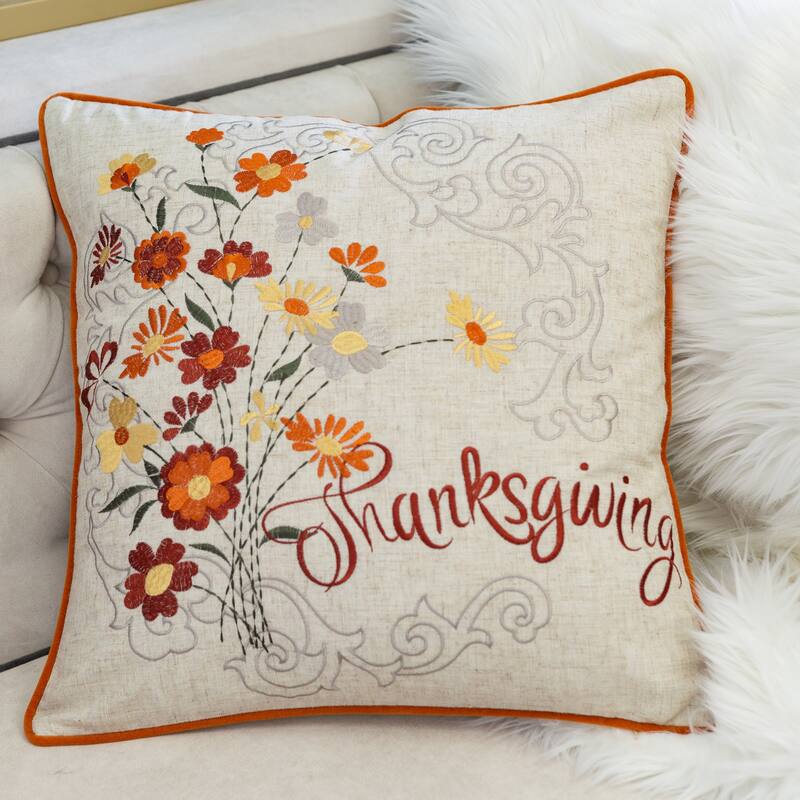 Thanksgiving Embroidered Floral Throw Pillow - Autumn Harvest Accent Cushion