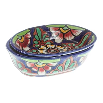 Novica Handmade Blue Bouquet Ceramic Soap Dish