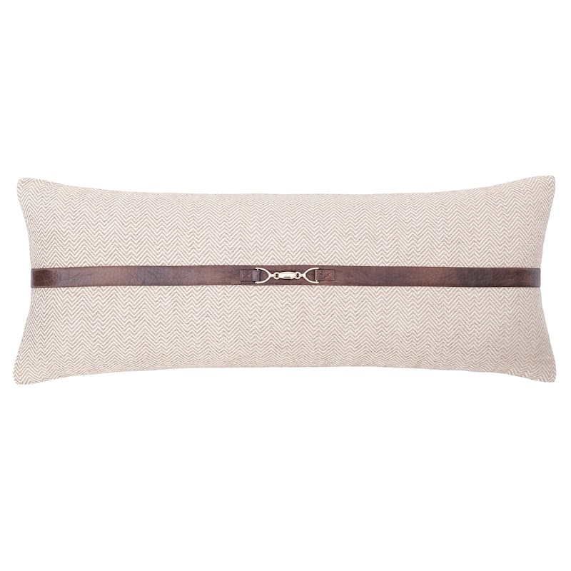 HiEnd Accents Chenille Herringbone Leather Strap Buckle Detailed 14x36 inch Accent Lumbar Pillow - Sand