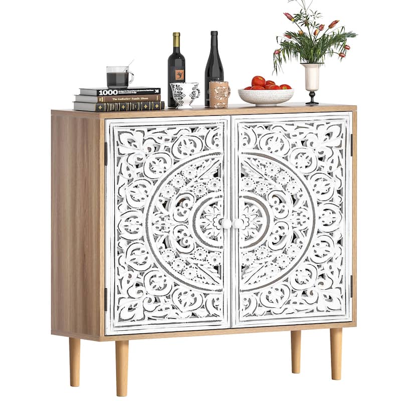 Anmytek 2-Door Hollow-Carved Wood Buffets and Sideboards Storage Cabinet for Living Room - 31.5"W x 13.78"D x 30.71"H