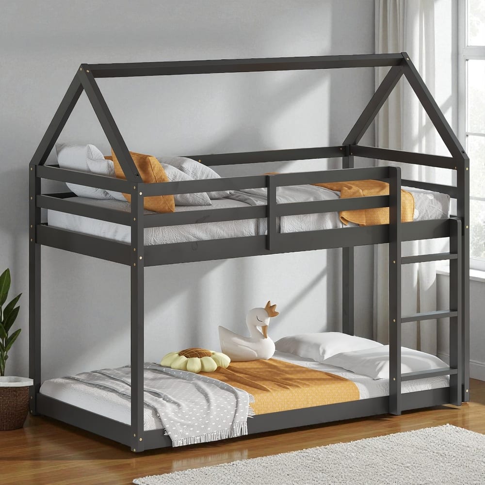 Twin Over Twin Floor Bunk Bed with House Roof Design, Rubber Wood Frame, Ladder and Guardrails for Kids Bedroom