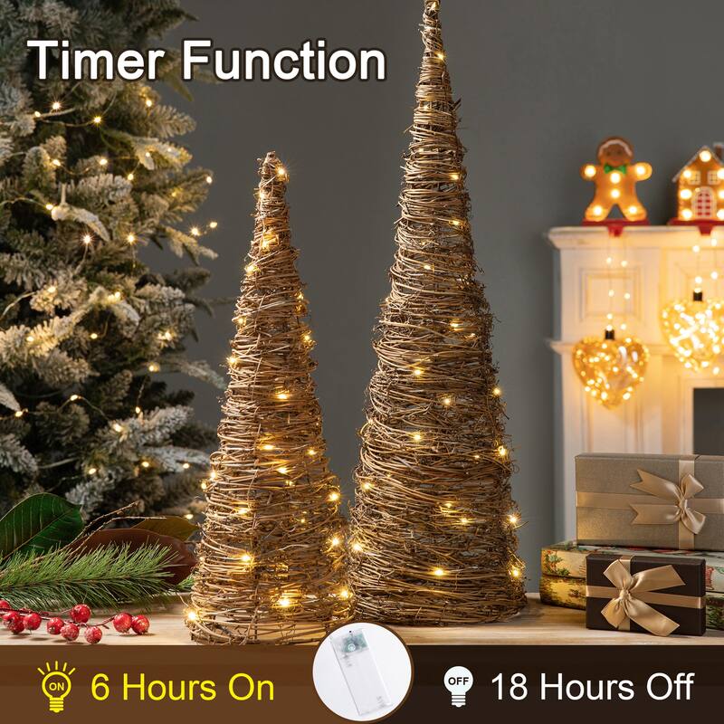 Glitzhome Set of 2 Lighted Rattan Christmas Table Tree Decor with Timer - Brown
