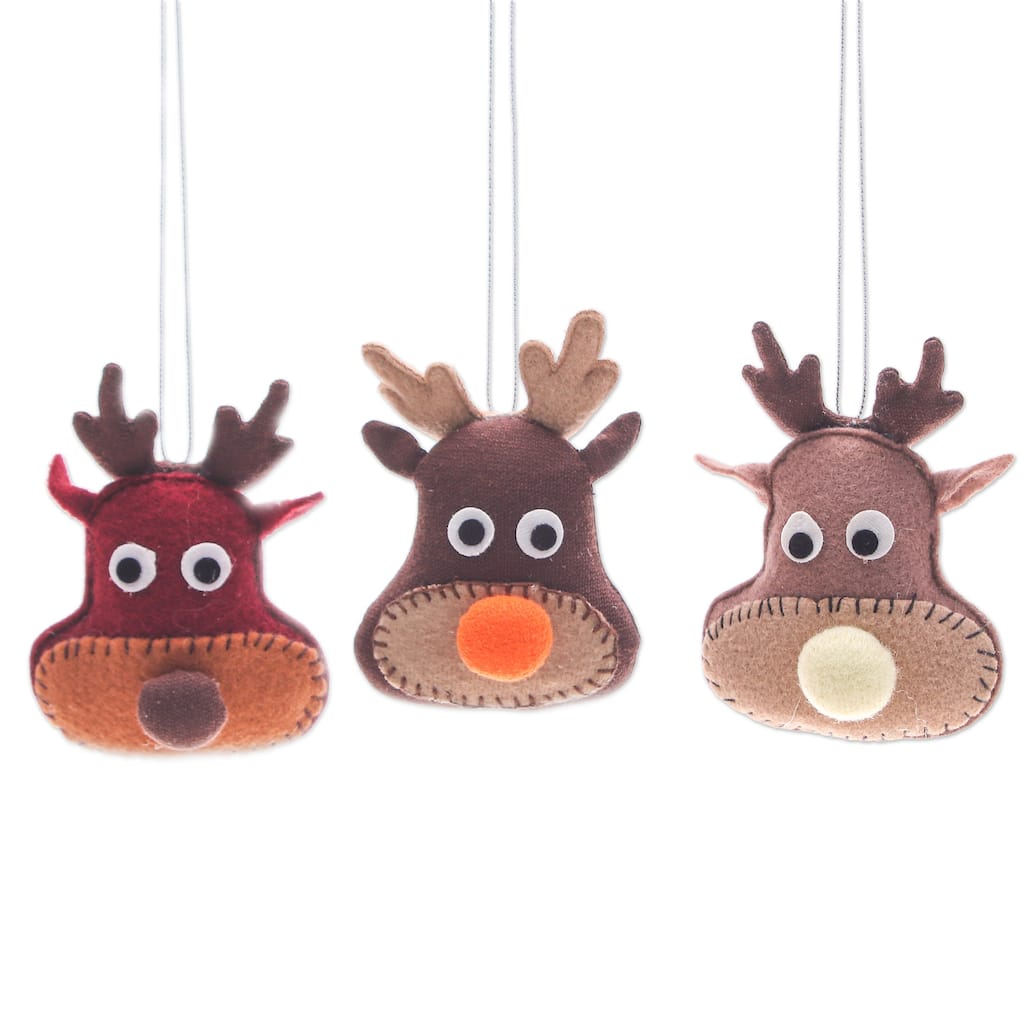 Novica Handmade Reindeer Party Felt Ornaments (Set Of 3)