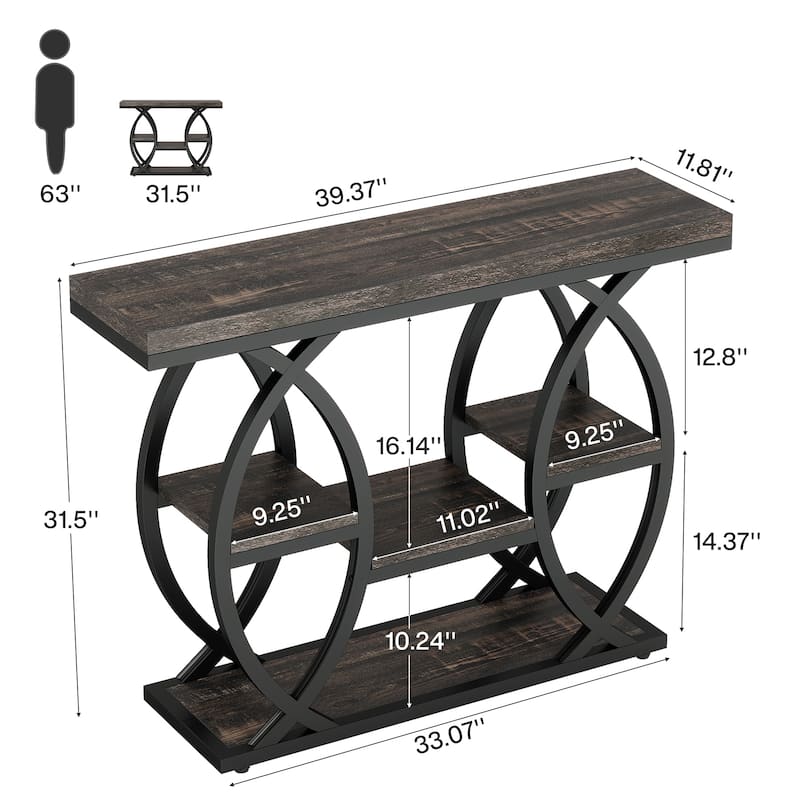 Industrial Console Table, 4-Tier Sofa Table with Geometric Metal Frame