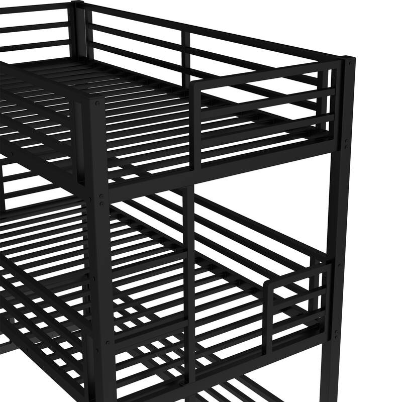 Roomfitters Twin/Full/ Queen Metal Triple Bunk Bed with Safety Guardrails, Heavy-Duty Noise-Reduced Frame, Black