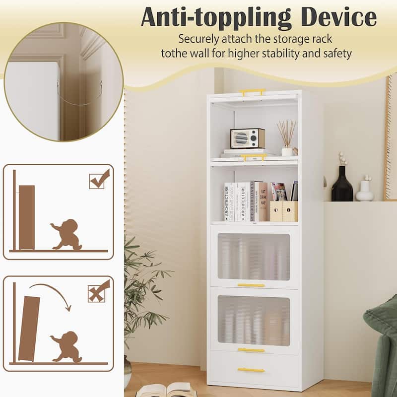Freestanding Metal Display Storage Cabinet,Cupboard with Flip-up Acrylic Doors and Drawer