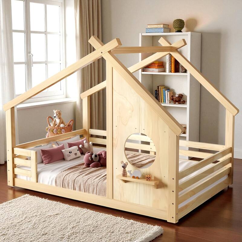 Twin/Full Size Solid Wood House Floor Bed with Window and Shelf, Montessori Low Bed Frame for Kids, No Box Spring Needed