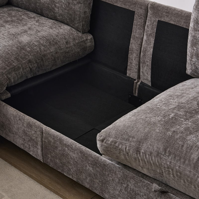96.5" L-Shaped Chenille Sectional Sofa with Storage and Movable Ottoman