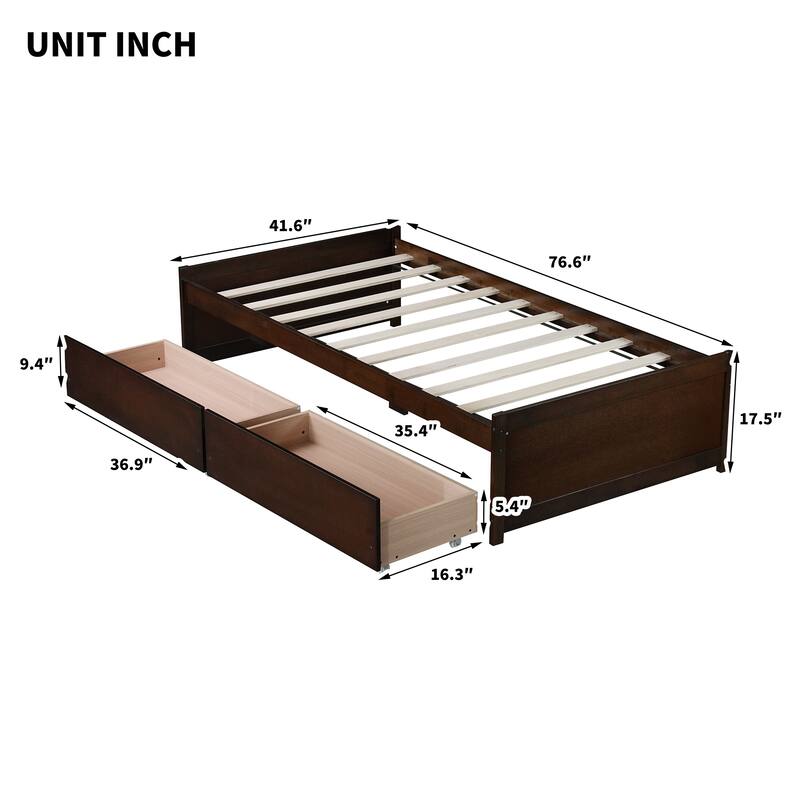Wooden Twin Size Kids Bed with 2 Drawers, Solid Rubber Wood Platform Bed Frame, No Box Spring Needed