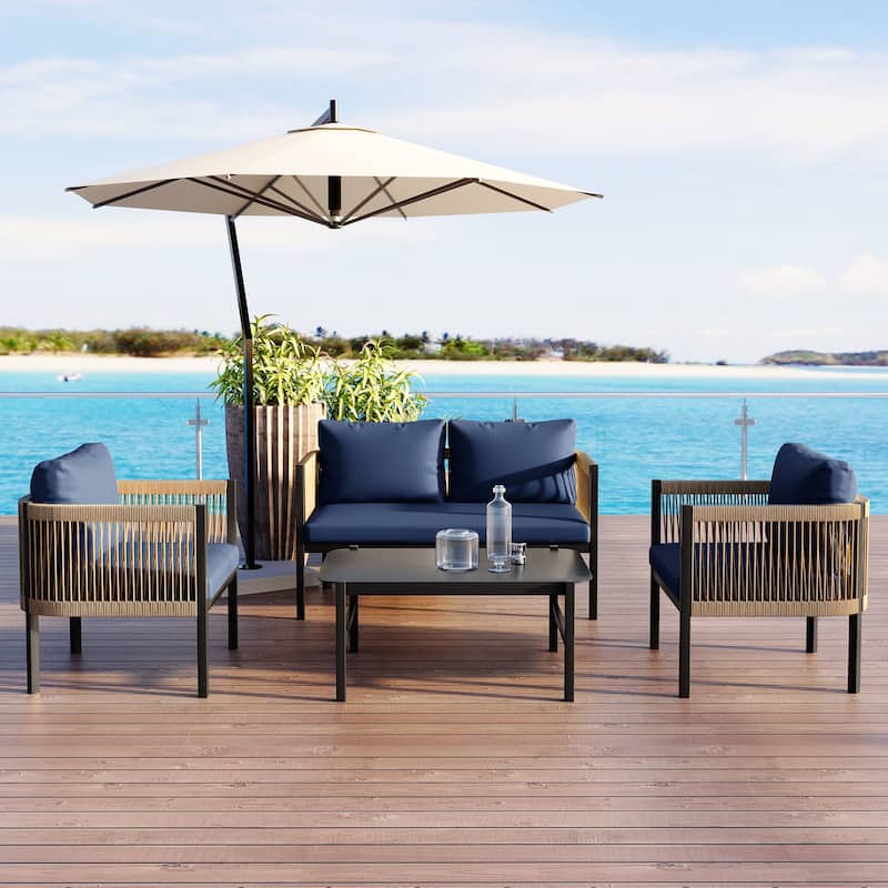 Outdoor Sofa Set with Tempered Glass Table for Garden (Set of 4)
