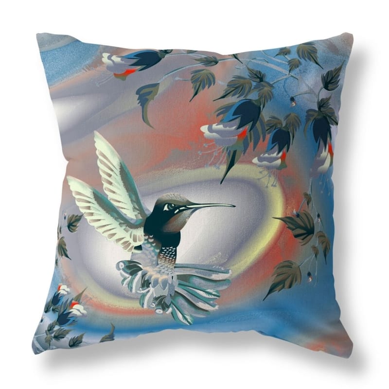HomeRoots 26" X 26" Blue and Gray Bird Blown Seam Floral Indoor Outdoor Throw Pillow - 26.00' X '26.00' X '5.00