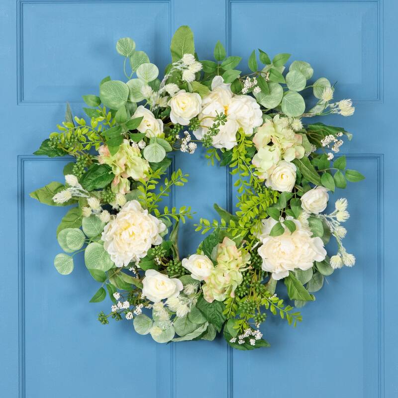 Hydrangea and Ranunculus Artificial Floral Eucalyptus Wreath - 23" - Cream and Green