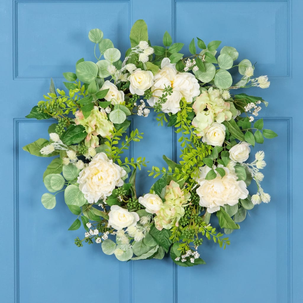 Hydrangea and Ranunculus Artificial Floral Eucalyptus Wreath - 23" - Cream and Green