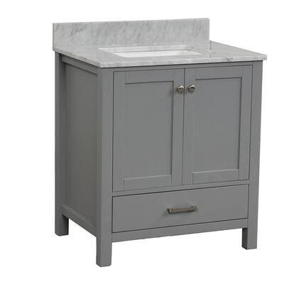 30 in. W x 22 in. D x 33 in. H Bath Vanity in Grey with Carrara White Marble Top