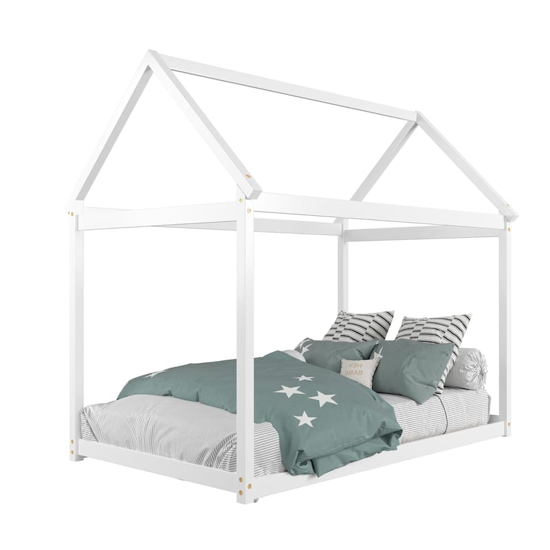 Costway Twin House Bed Wood Frame w/ Roof for Kids Toddler No Box - White