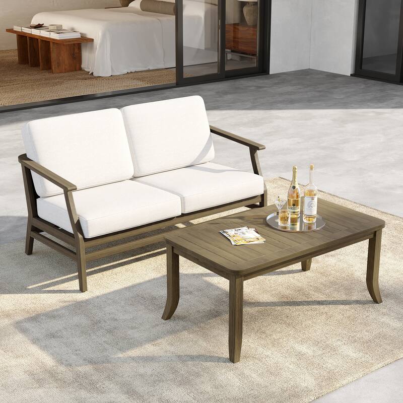 Outdoor Loveseat Sofa with Coffee Table Teak Wood Patio Furniture