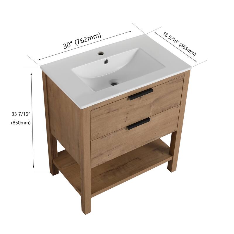 Beingnext 30" Bathroom Vanity with Sink, Single Sink Freestanding Bathroom Vanity with 2 Soft Close Drawers and Open Shelf