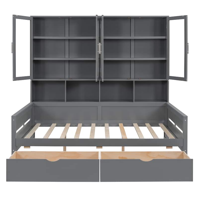 Full Size Wooden Daybed with Glass-Door LED Cabinet & Shelves - 600LB Capacity