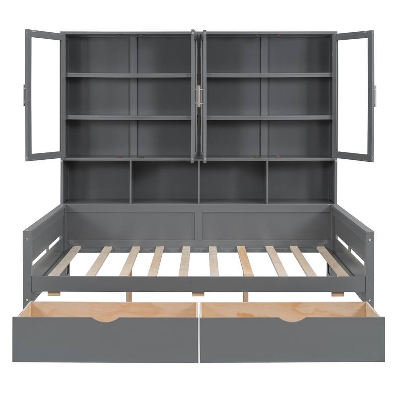 Wooden Daybed with Glass-Door Storage Cabinets, Built-in LED Lighting and Shelves