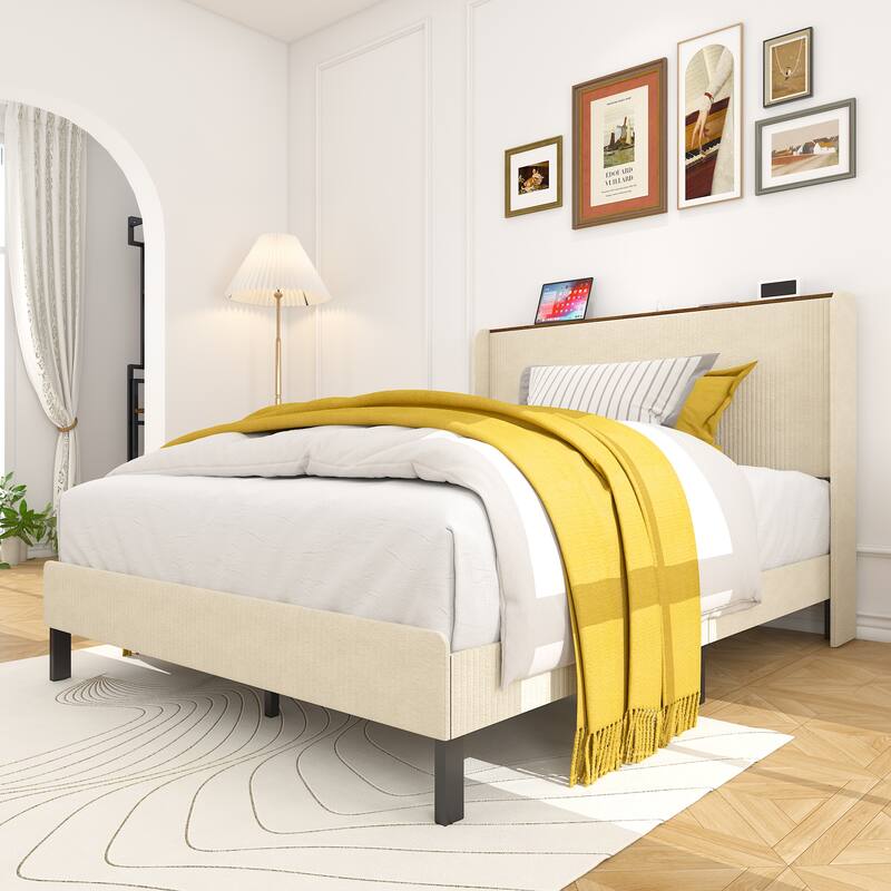 Queen Size Metal Platform Bed with Charging Station, No Box Spring Needed, Easy Assembly, Noise Free