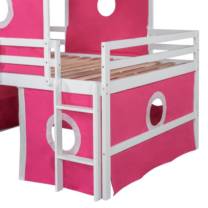 Roomfitters Full Size Loft Bed with Slide, Pink Tent and Decorative Tower, Playful Sleeping Platform, Pink