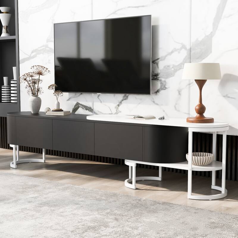 67.7"-76.4" Modern TV Stand with Adjustable Length & Height, 3 Storage Drawers, Metal Legs for Living Room