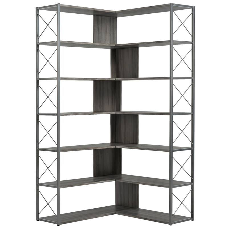 7-Tier Bookcase Home Office Bookshelf, L-Shaped Corner Bookcase with Metal Frame