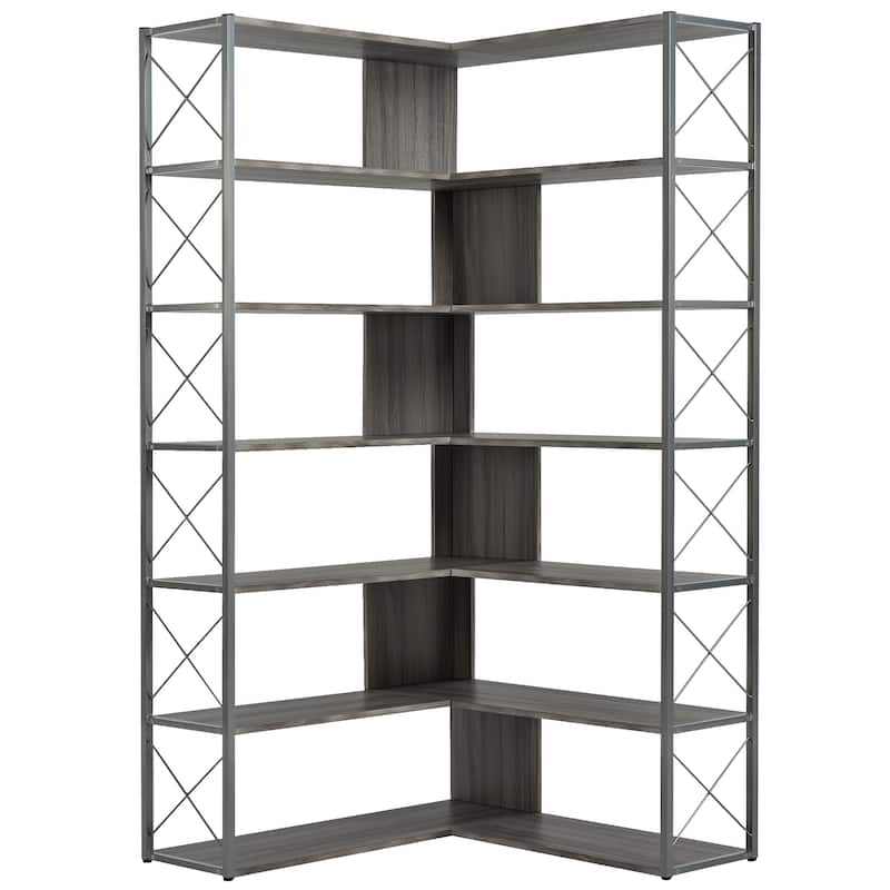 Industrial 7-Tier L-Shaped Corner Bookcase Home Office Bookshelf