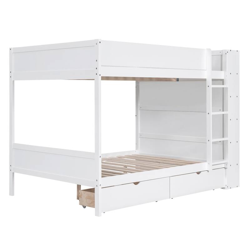 Full over Full Bunk Bed with Drawers and Cabinet, White, Space-Saving Design