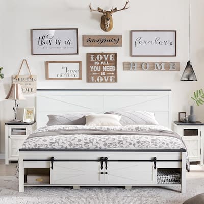 Farmhouse King Size Wood Bed Frame with Sliding Barn Door Storage