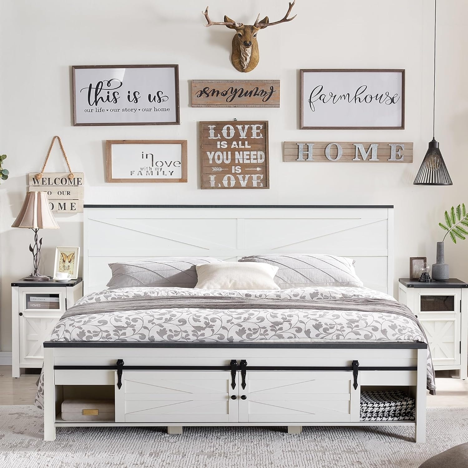 Farmhouse King Size Wood Bed Frame with Sliding Barn Door Storage ...