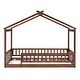 preview thumbnail 6 of 7, Walnut Twin Size Wood House Bed Frame with Roof and Fence